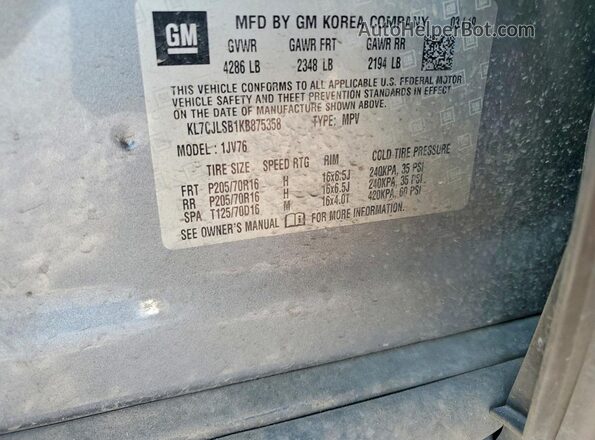 KL7CJLSB1KB875358 2019 CHEVROLET TRAX Silver VIN sticker view