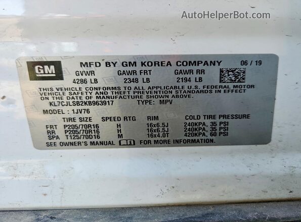 KL7CJLSB2KB963917 2019 CHEVROLET TRAX White Вид наклейки з VIN-кодом