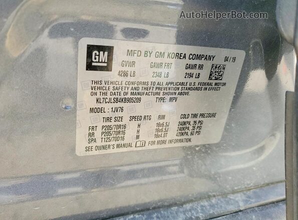 KL7CJLSB4KB905209 2019 CHEVROLET TRAX Gray Vista del compartimento del motor