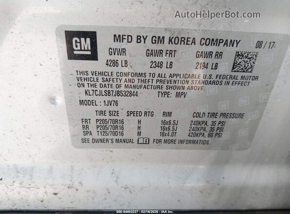 KL7CJLSB7JB532844 2018 CHEVROLET TRAX Серебряный Вид подкапотного пространства