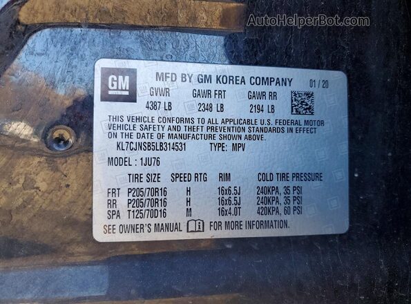 KL7CJNSB5LB314531 2020 CHEVROLET TRAX Black 360 interior view