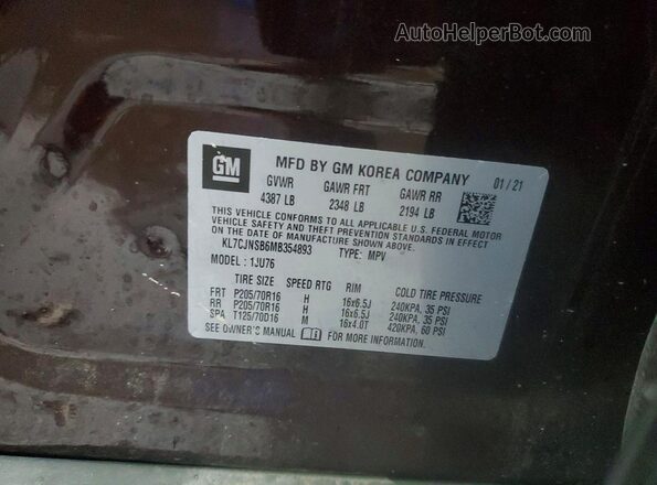 KL7CJNSB6MB354893 2021 CHEVROLET TRAX Maroon 360 interior view