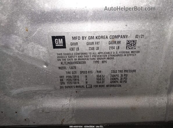 KL7CJNSBXMB360289 2021 CHEVROLET TRAX Серебряный Вид подкапотного пространства