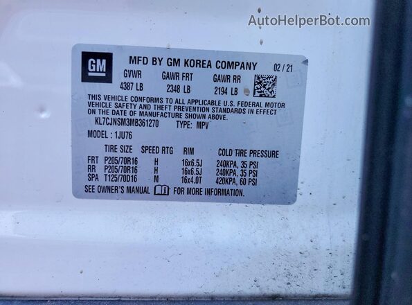 KL7CJNSM3MB361270 2021 CHEVROLET TRAX Белый Вид наклейки с VIN-кодом