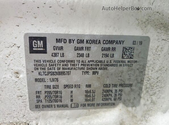 KL7CJPSB2KB895707 2019 CHEVROLET TRAX White Vista de la etiqueta del VIN