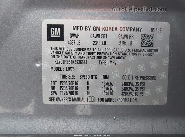 KL7CJPSB4KB936614 2019 CHEVROLET TRAX Gray Вид підкапотного простору