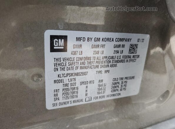 KL7CJPSM3NB525937 2022 CHEVROLET TRAX Серый Вид наклейки с VIN-кодом