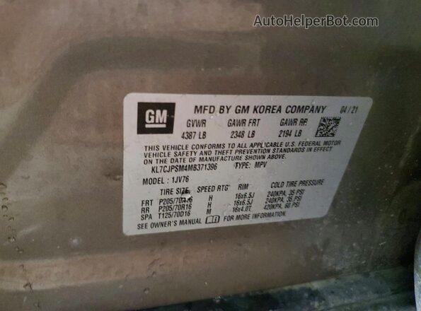 KL7CJPSM4MB371396 2021 CHEVROLET TRAX Коричневый Панорамный вид салона 360°