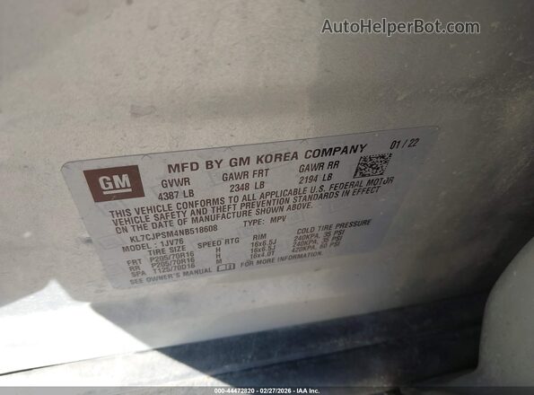 KL7CJPSM4NB518608 2022 CHEVROLET TRAX Серебряный Вид подкапотного пространства