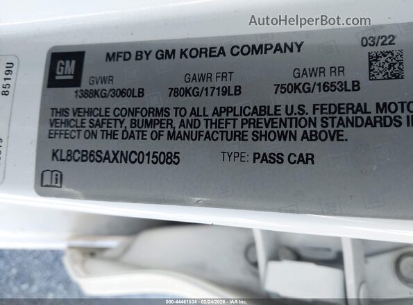 KL8CB6SAXNC015085 2022 CHEVROLET SPARK Белый Вид подкапотного пространства