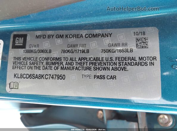 KL8CD6SA8KC747950 2019 CHEVROLET SPARK Blue Շարժիչի բաժամունքի տեսք