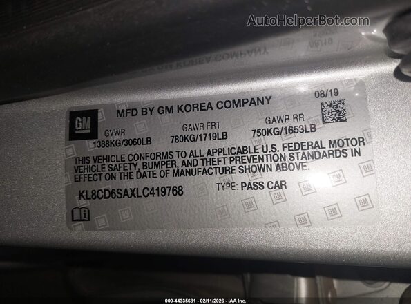 KL8CD6SAXLC419768 2020 CHEVROLET SPARK Серый Вид подкапотного пространства