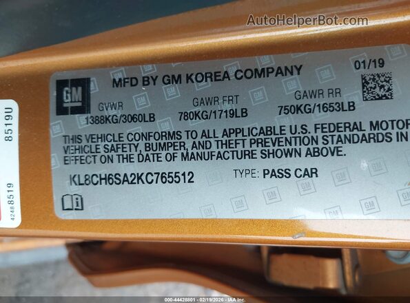 KL8CH6SA2KC765512 2019 CHEVROLET SPARK Оранжевый Вид подкапотного пространства