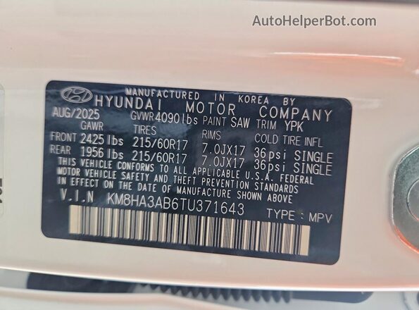 KM8HA3AB6TU371643 2026 HYUNDAI KONA Белый Вид наклейки с VIN-кодом