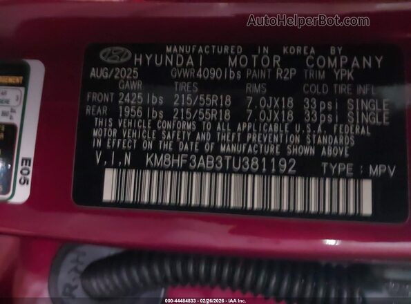 KM8HF3AB3TU381192 2026 HYUNDAI KONA Красный Вид подкапотного пространства