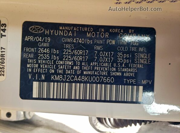 KM8J2CA48KU007660 2019 HYUNDAI TUCSON Белый Вид наклейки с VIN-кодом