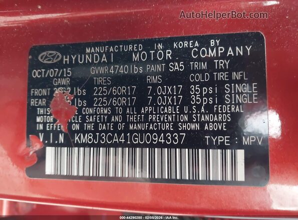 KM8J3CA41GU094337 2016 HYUNDAI TUCSON Оранжевый Вид подкапотного пространства