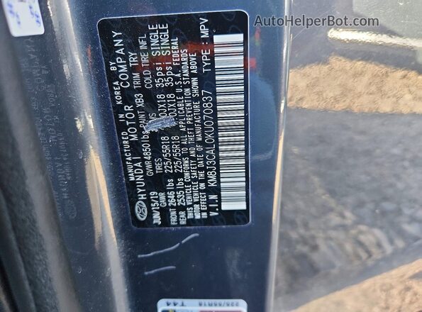 KM8J3CAL0KU070837 2019 HYUNDAI TUCSON Blue Vista del compartimento del motor