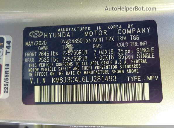 KM8J3CAL6LU281493 2020 HYUNDAI TUCSON Серебряный Вид подкапотного пространства