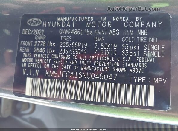 KM8JFCA16NU049047 2022 HYUNDAI TUCSON HYBRID Серый Вид подкапотного пространства