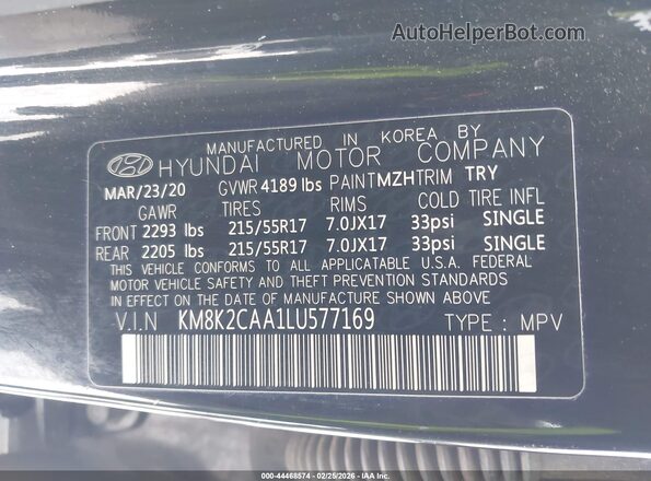 KM8K2CAA1LU577169 2020 HYUNDAI KONA Черный Вид подкапотного пространства