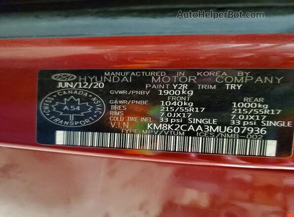 KM8K2CAA3MU607936 2021 HYUNDAI KONA Красный Вид наклейки с VIN-кодом