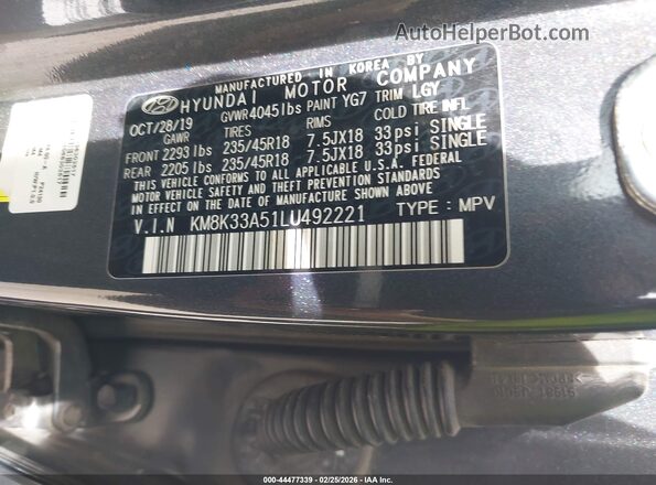 KM8K33A51LU492221 2020 HYUNDAI KONA Серый Вид наклейки с VIN-кодом