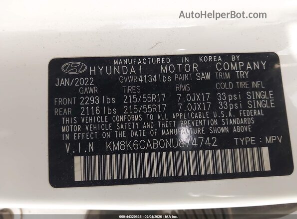 KM8K6CAB0NU874742 2022 HYUNDAI KONA Белый Вид подкапотного пространства
