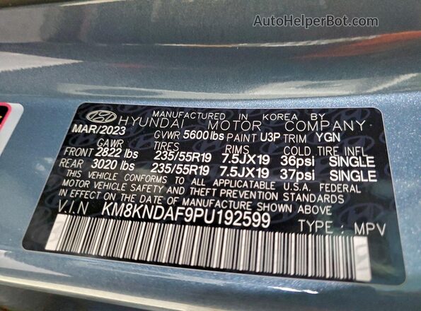 KM8KNDAF9PU192599 2023 HYUNDAI IONIQ Blue Вид наклейки з VIN-кодом