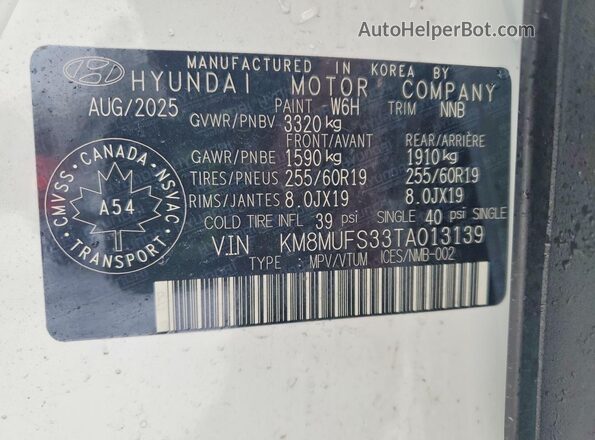 KM8MUFS33TA013139 2026 HYUNDAI IONIQ Белый Вид наклейки с VIN-кодом
