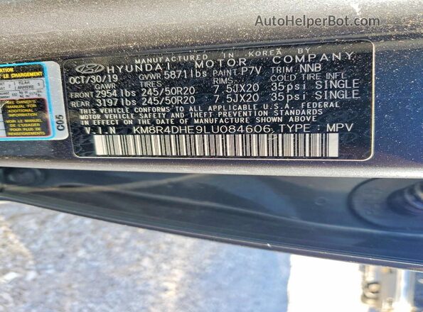 KM8R4DHE9LU084606 2020 HYUNDAI PALISADE Серый Вид наклейки с VIN-кодом
