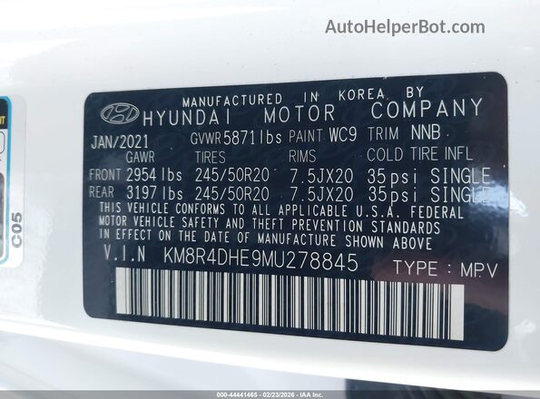 KM8R4DHE9MU278845 2021 HYUNDAI PALISADE Белый Вид подкапотного пространства