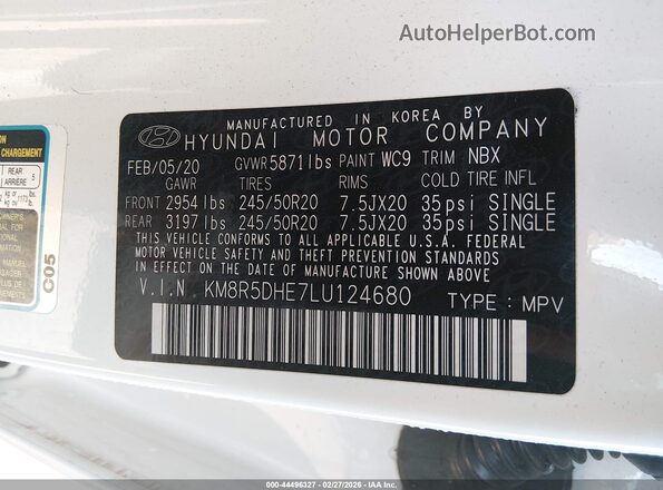 KM8R5DHE7LU124680 2020 HYUNDAI PALISADE Белый Вид подкапотного пространства