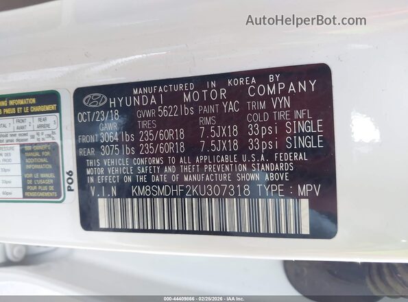 KM8SMDHF2KU307318 2019 HYUNDAI SANTA FE XL White Widok komory silnika