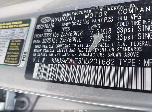 KM8SMDHF3HU231682 2017 HYUNDAI SANTA FE Серый Вид подкапотного пространства