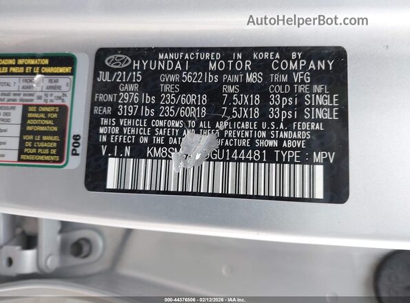 KM8SMDHF9GU144481 2016 HYUNDAI SANTA FE Серебряный Вид подкапотного пространства