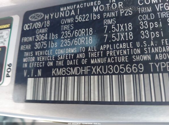 KM8SMDHFXKU305669 2019 HYUNDAI SANTA FE XL Серебряный Вид подкапотного пространства