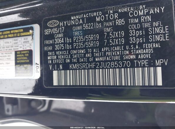 KM8SRDHF2JU285370 2018 HYUNDAI SANTA FE Черный Вид подкапотного пространства