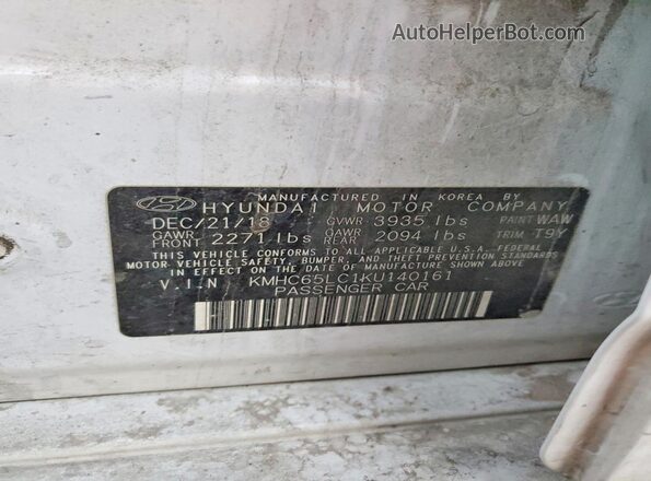 KMHC65LC1KU140161 2019 HYUNDAI IONIQ Белый Вид наклейки с VIN-кодом