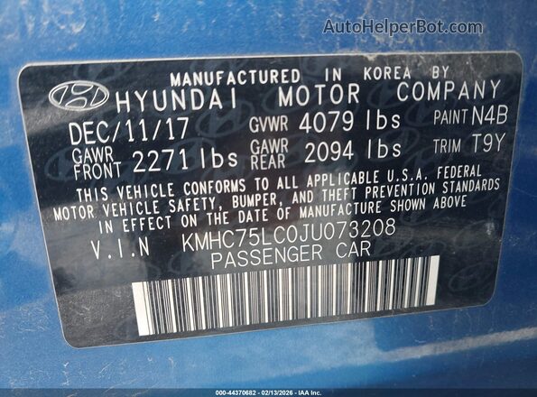 KMHC75LC0JU073208 2018 HYUNDAI IONIQ HYBRID Blue Vista del compartimento del motor