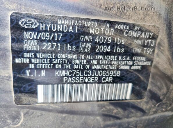 KMHC75LC3JU065958 2018 HYUNDAI IONIQ Gray VIN კოდის სტიკერის ხედი
