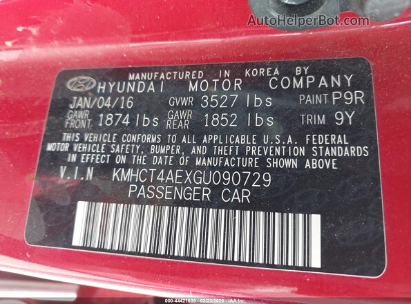 KMHCT4AEXGU090729 2016 HYUNDAI ACCENT Red Widok komory silnika