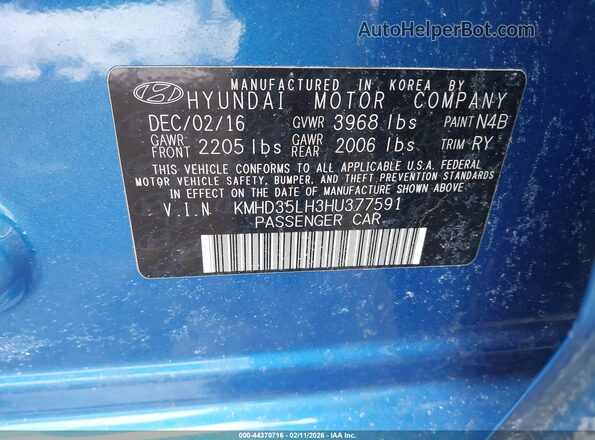 KMHD35LH3HU377591 2017 HYUNDAI ELANTRA GT Синий Вид подкапотного пространства
