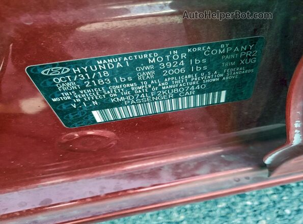 KMHD74LF2KU807440 2019 HYUNDAI ELANTRA Red Widok komory silnika