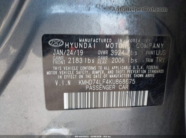 KMHD74LF4KU868675 2019 HYUNDAI ELANTRA Gray Vista del compartimento del motor