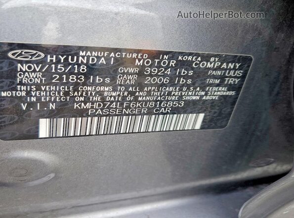 KMHD74LF6KU816853 2019 HYUNDAI ELANTRA Gray Widok komory silnika