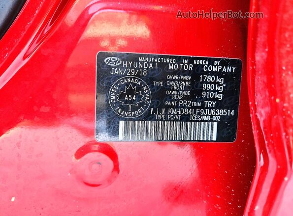 KMHD84LF9JU638514 2018 HYUNDAI ELANTRA Красный Вид наклейки с VIN-кодом