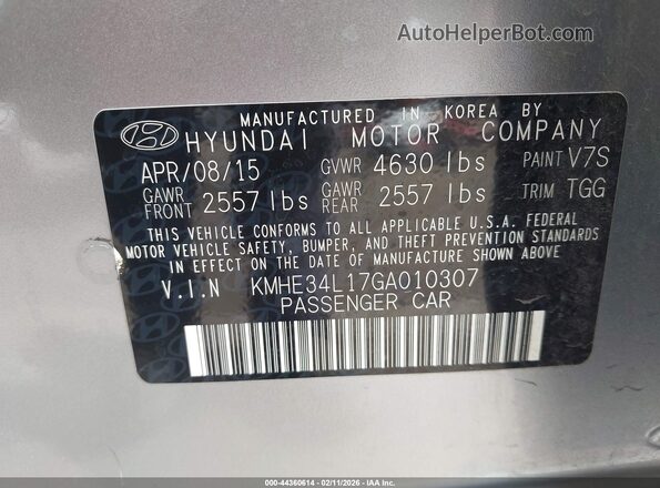 KMHE34L17GA010307 2016 HYUNDAI SONATA HYBRID Серебряный Вид подкапотного пространства