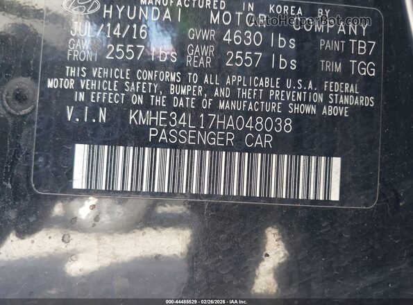 KMHE34L17HA048038 2017 HYUNDAI SONATA HYBRID Черный Вид подкапотного пространства