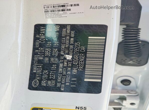 KMHLL4DG4RU795235 2024 HYUNDAI ELANTRA White VIN კოდის სტიკერის ხედი